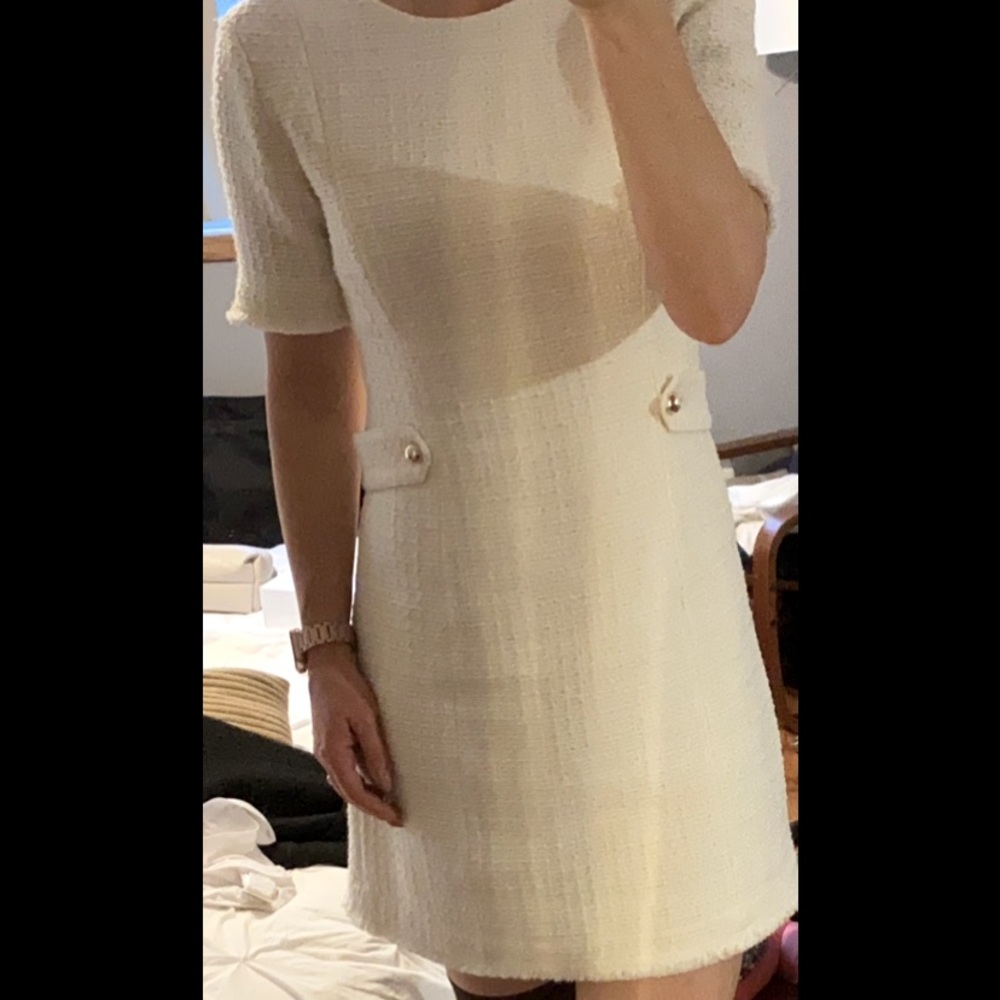 H&M white tweed dress with wrap around belt.